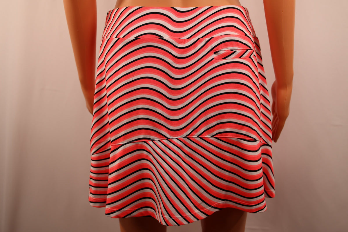 Tail skort, coral, navy and white wave stripe, back