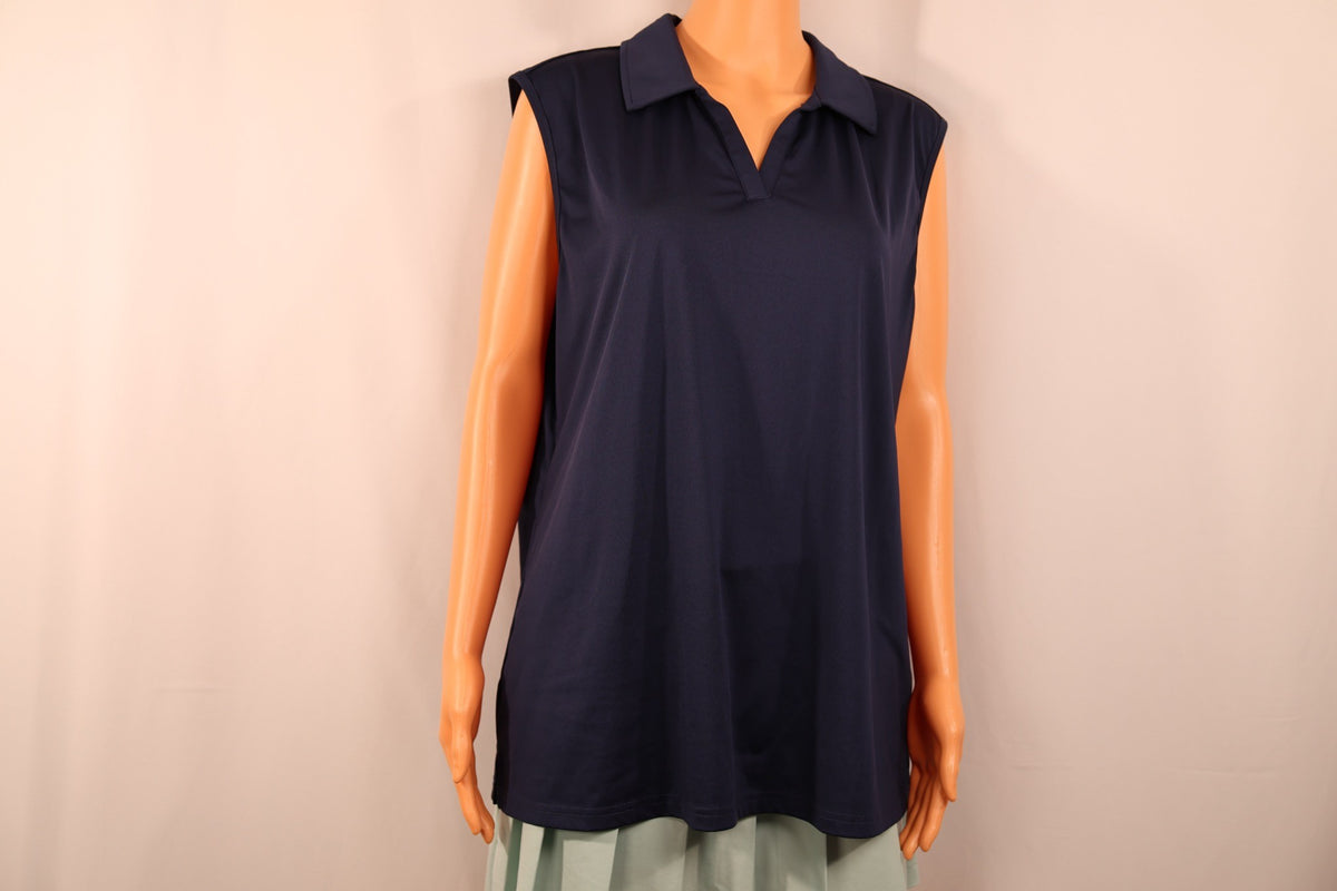 MAGCOMSEN sleeveless polo in navy, front view on mannequin