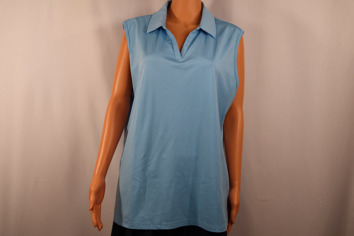 MAGCOMSEN sleeveless polo in sky blue, front view on mannequin