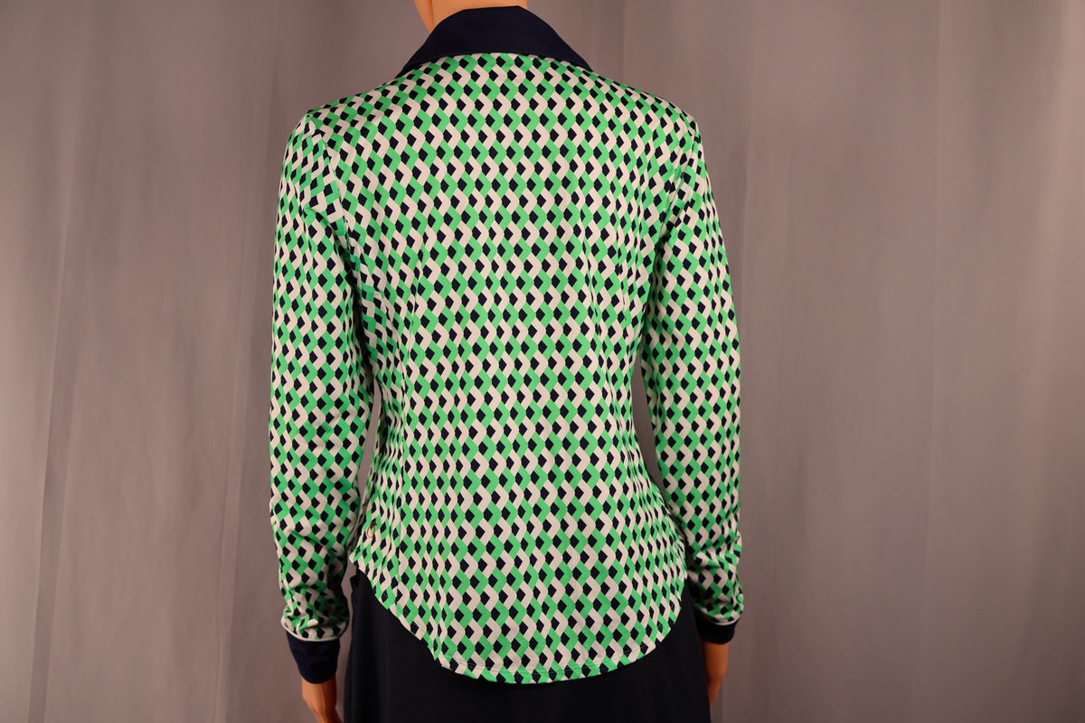 KINONA Long-Sleeve Polo, Green and Navy Geometric Print, back