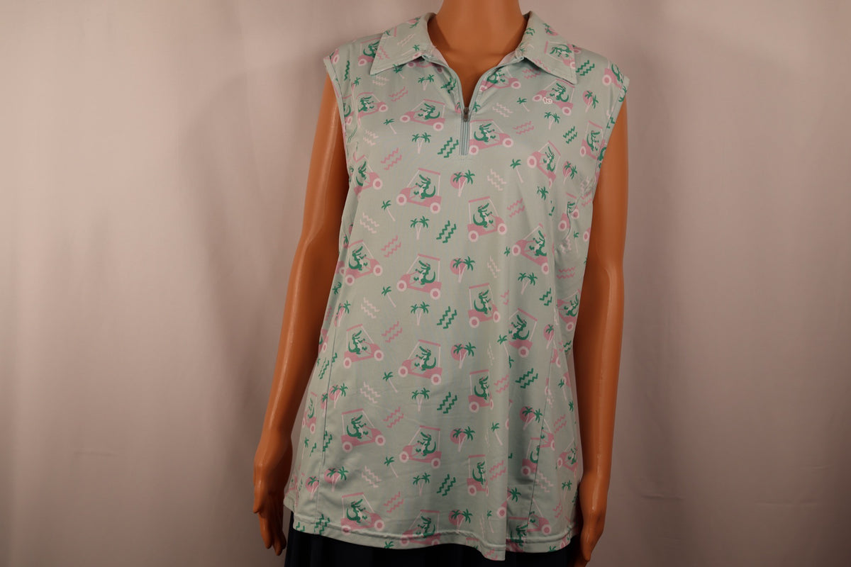 Tipsy Elves sleeveless quarter-zip golf cart gator print, front