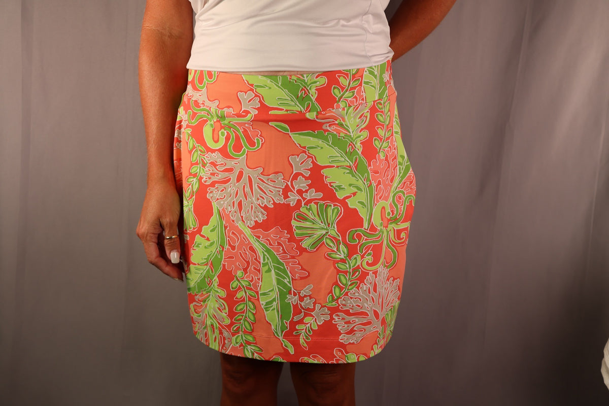Sunsets & Sweet Tea Skort, Coral Tropical Print, front