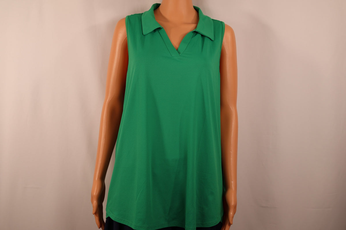 Pinspark sleeveless polo in green, front view on mannequin
