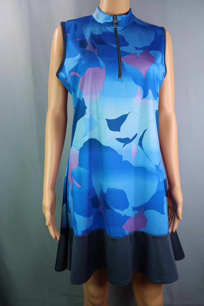 Callaway Sleeveless Dress, Blue Multicolor Print With Gray Trim, Size M