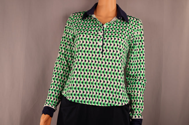 KINONA Long-Sleeve Polo, Green and Navy Geometric Print, Size S