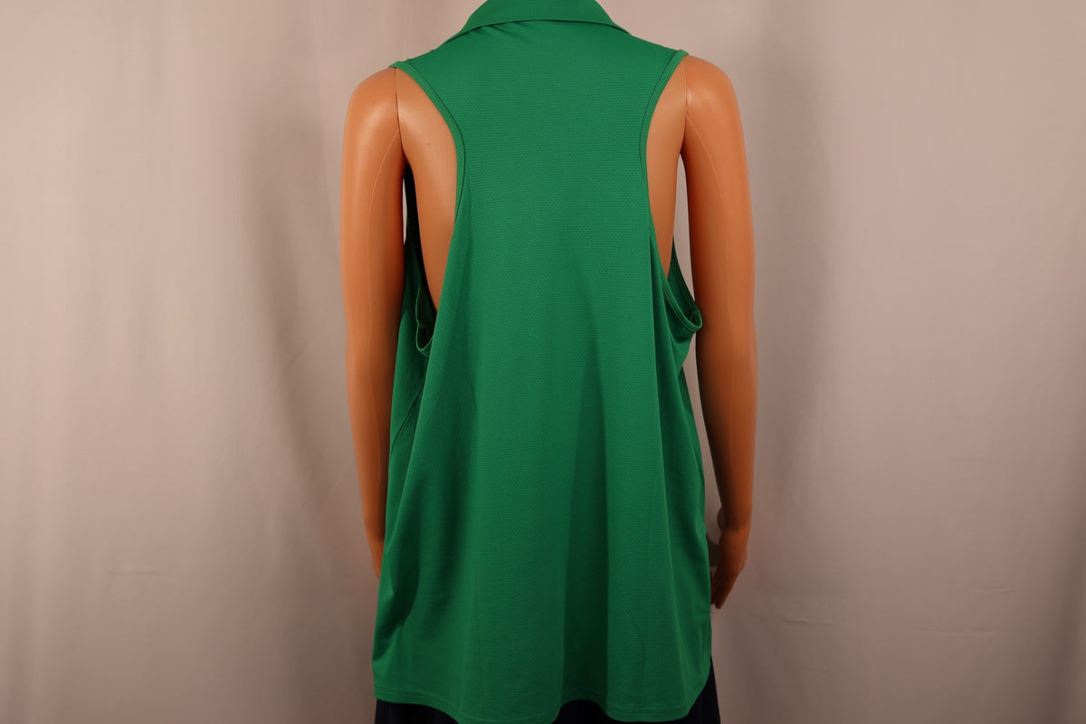 Pinspark sleeveless polo in green, back view on mannequin