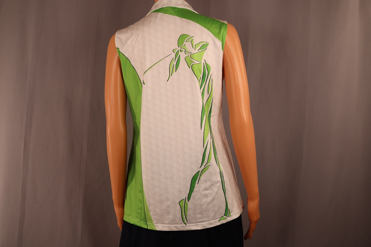 ACEGOLFS Sleeveless Polo, White and Green Golfer Print, back
