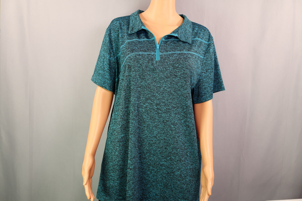 Miss Fortune Short-Sleeve Quarter-Zip Polo, Teal/black heather, front