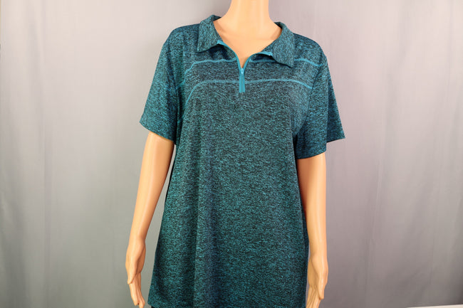 Miss Fortune Short-Sleeve Quarter-Zip Polo, Teal/Black Heather, Size 2XL