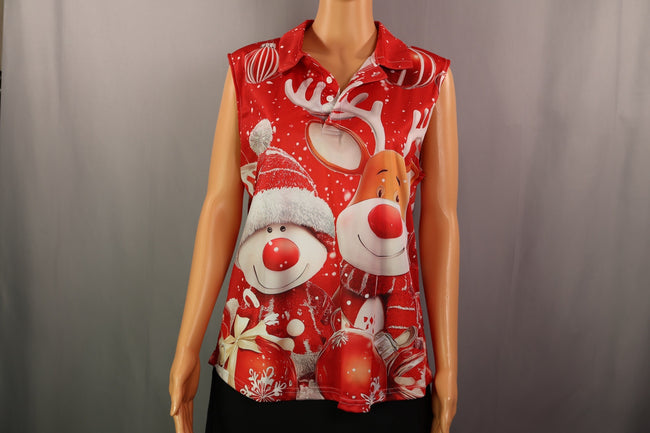 Women's Golf Sleeveless Polo, Red Christmas Reindeer Print, Size M