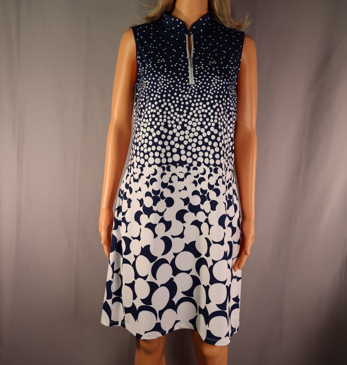 ACEGOLFS Sleeveless Quarter-Zip Golf Dress, Navy and White Dot Print, front
