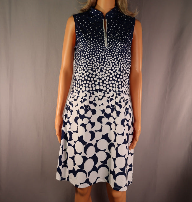 ACEGOLFS Sleeveless Quarter-Zip Golf Dress, Navy and White Dot Print, Size M