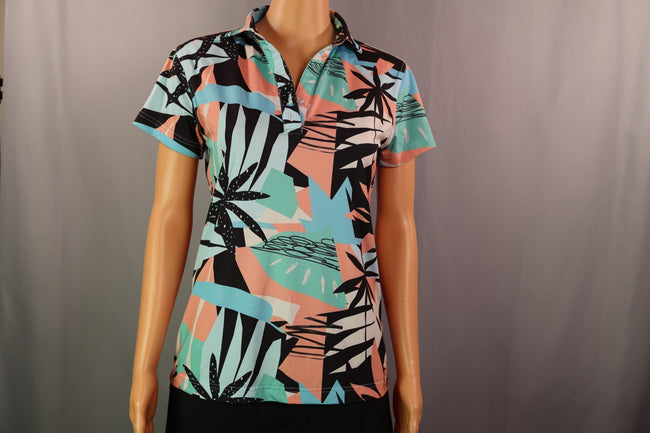 Waggle Short-Sleeve Zip Polo, Black/Coral/Aqua Tropical Print, Size S