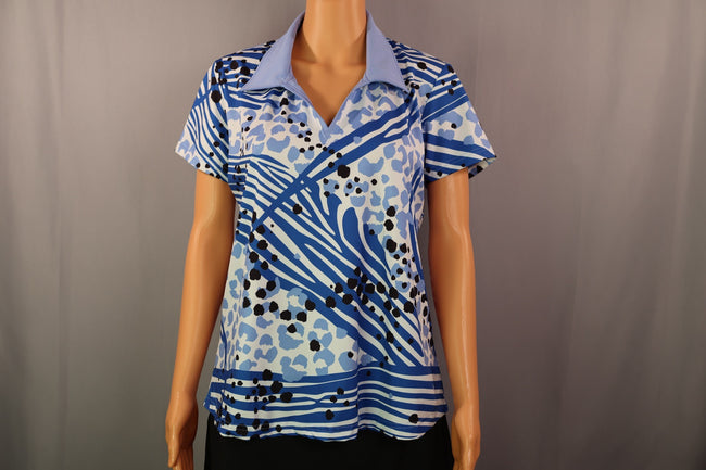 AnaClare Polo, Blue/White Print, Size L