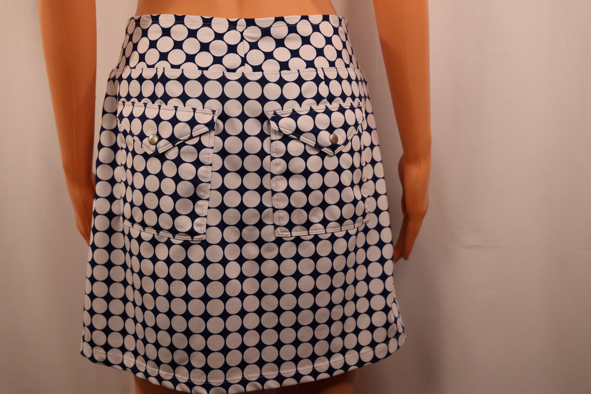JoFit skort, navy and white polka dot, back
