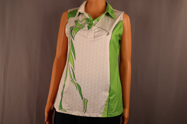 ACEGOLFS Sleeveless Polo, White and Green Golfer Print, Size M