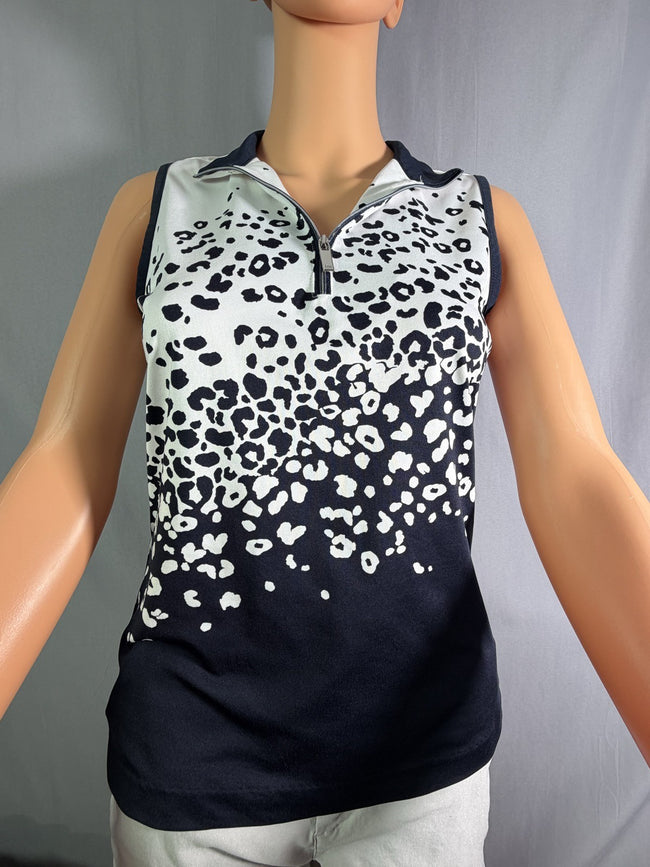 Tail Sleeveless Polo, Navy And White Leopard Print, Size XS