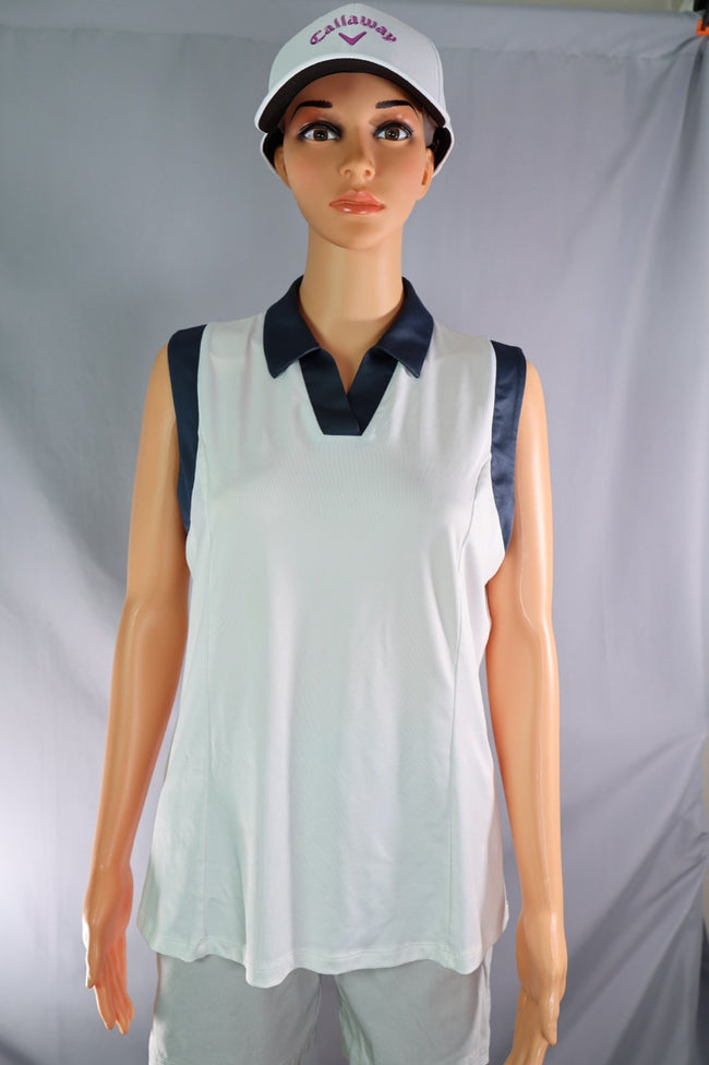 Callaway Sleeveless Polo, White With Navy, Size L