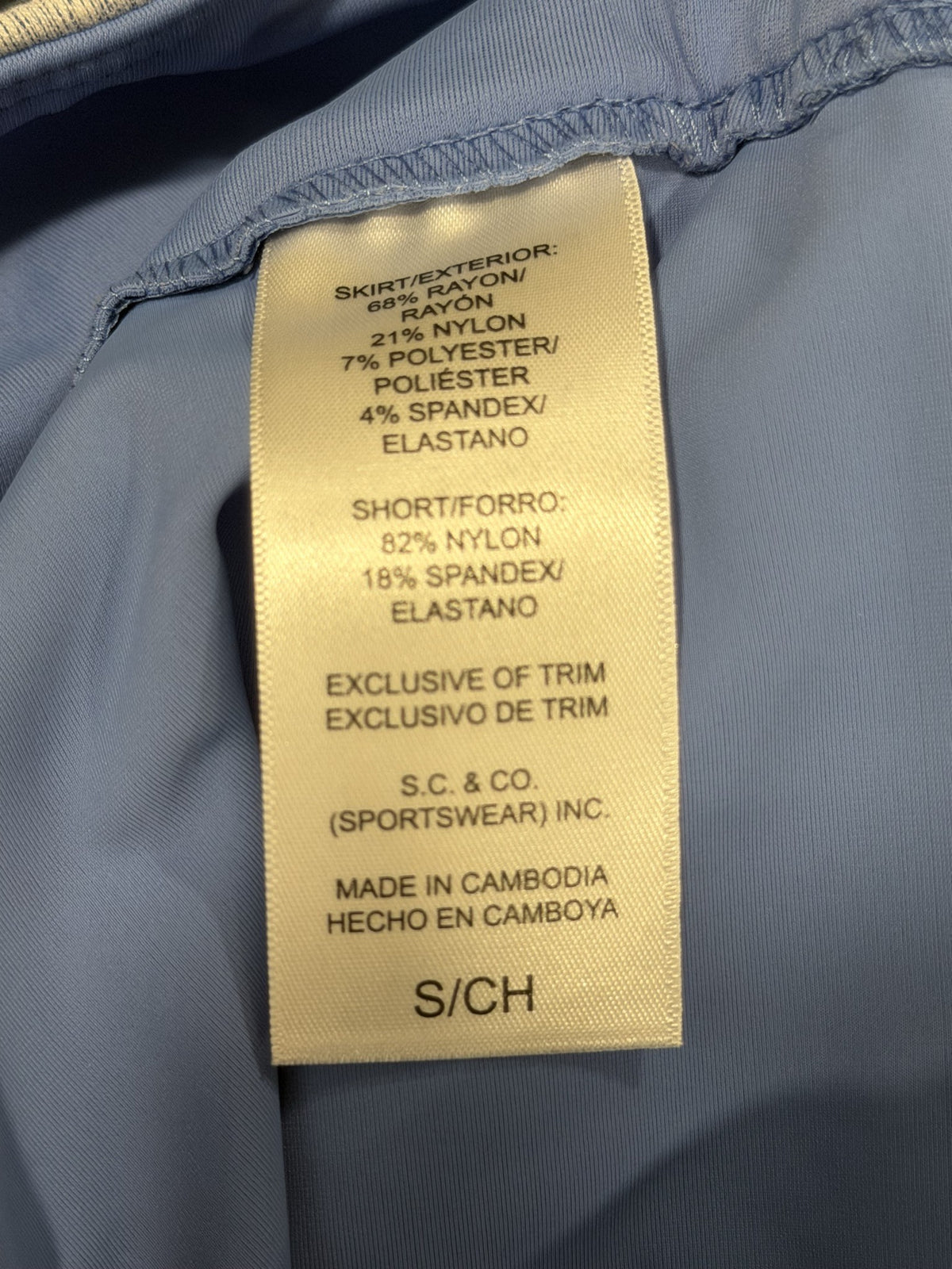 S.C. & Co. Skort - fabric content and size label
