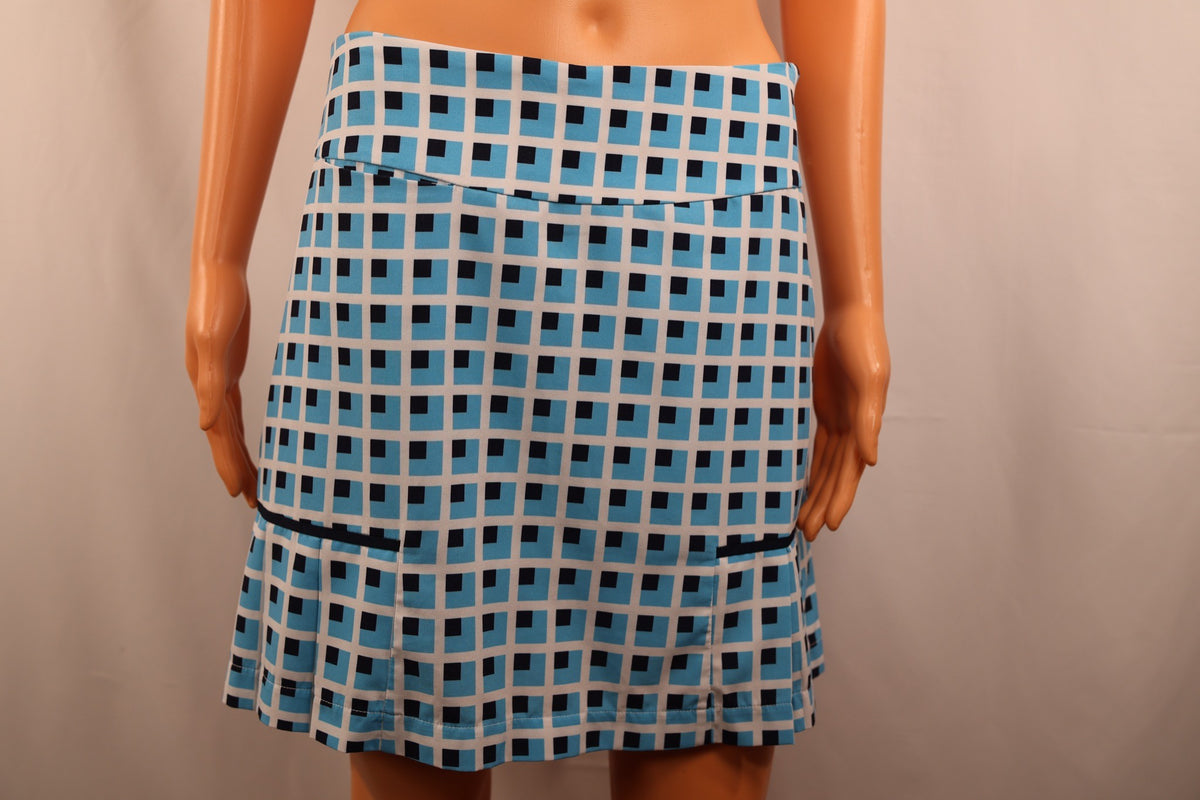 Golftini skort, blue, navy and white check, front