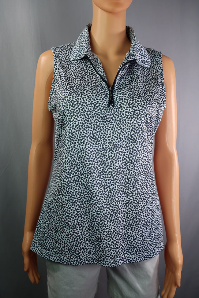 Greg Norman Sleeveless Quarter Zip, Navy And White Leaf Print, Size M