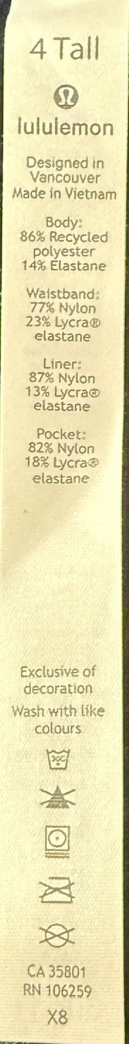 lululemon Skort size and fabric label, size 4 Tall
