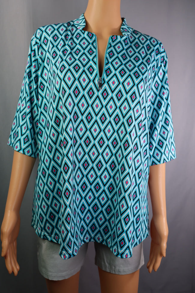 Tail Quarter Zip, Teal Black And Pink Diamond Print, Size XL