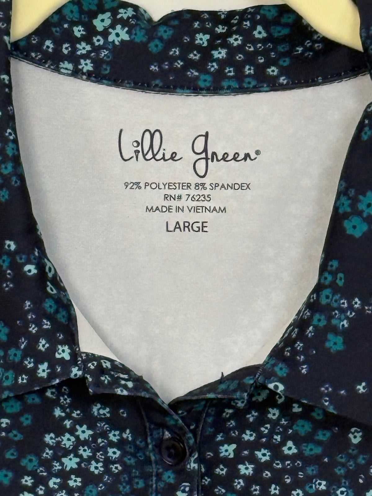 Lillie Green brand, fabric and size label, size Large