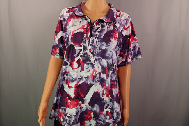 LURANEE Short-Sleeve Quarter-Zip, Purple and Pink Abstract Print, Size XXL
