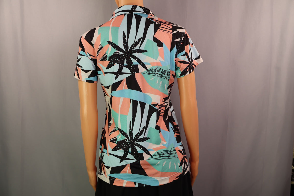 Waggle Short-Sleeve Zip Polo, Black/coral/aqua tropical print, back