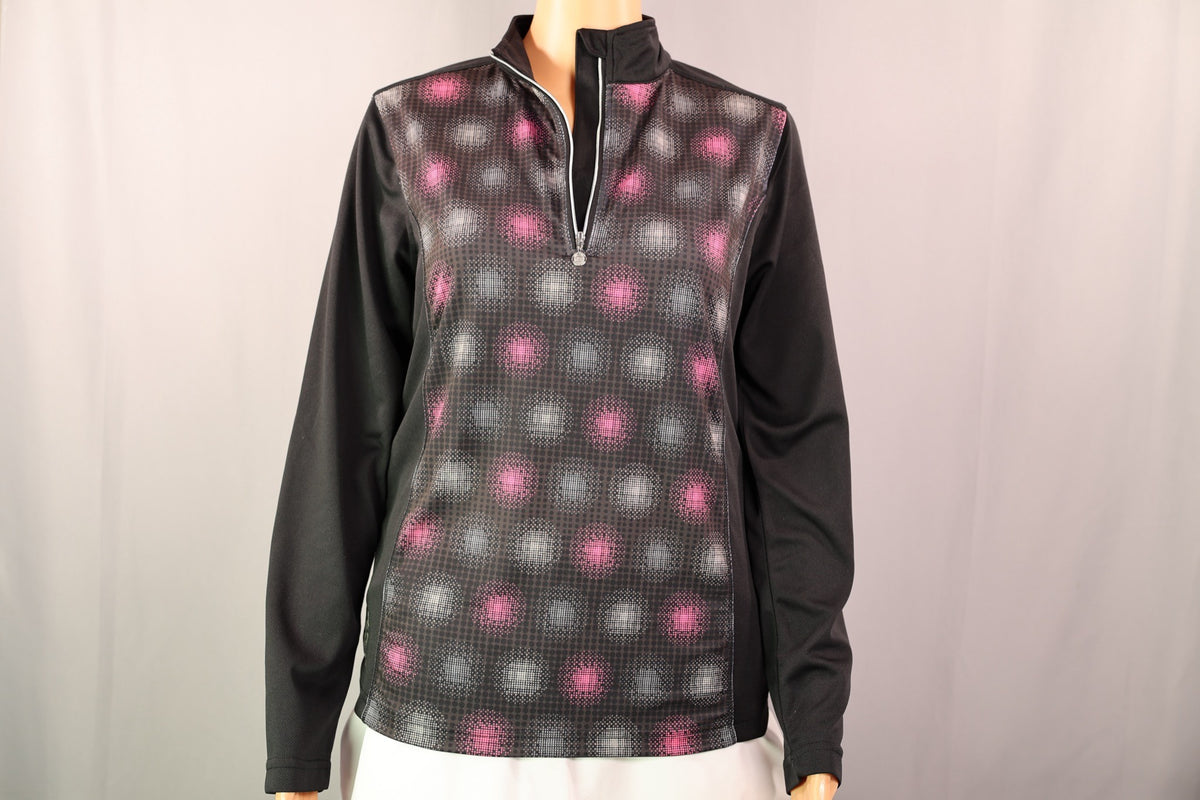 XDS by Daily Sports Long-Sleeve Quarter-Zip, Black/pink dot print, front